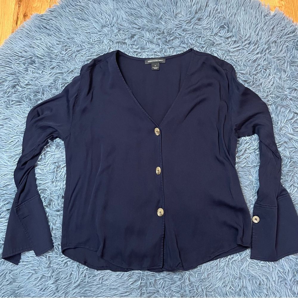 Revolve Something Navy V-Neck Button Down Blouse … - image 2